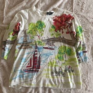 Joseph A Scenic Print Sweater with Red, Green, and Blue